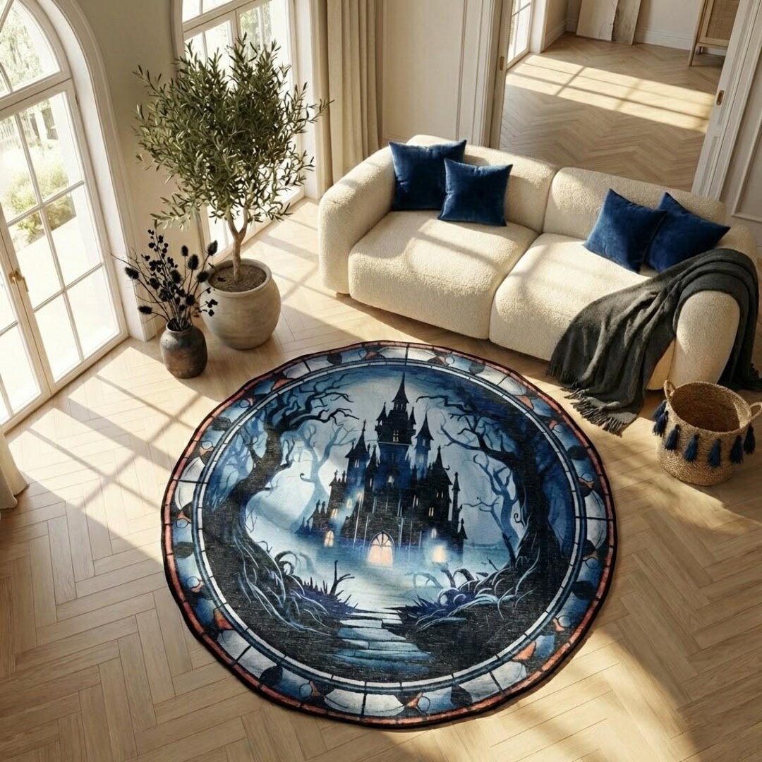 Gothic Haunted Castle Rug – Spooky Round Halloween Rug – Dark Forest ...