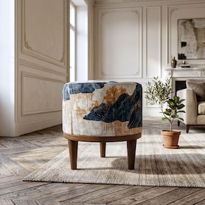 Luxury Navy Blue Ottoman Bench - Stylish Round Pouf Seat