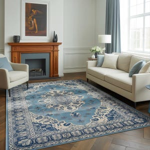 Sky Blue Turkish Area Rug, Washable Chenille Traditional Print Carpet, Non Slip Living Room Mat, 883