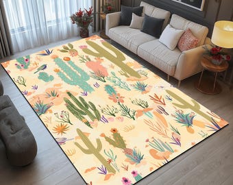 Pastel color rug, Desert theme rug, Cactus print rug, High quality rug, Premium art rug, Washable rug, Anti slip rug, Luxury area rug, 618