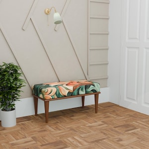 Floral design bench, Contemporary bench, Bench with colorful cushion, Comfortable bench, Wooden organizer bench, Versatile bench, 319