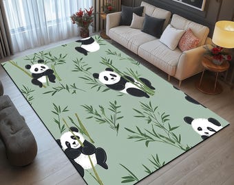 Waschbarer Teppich mit Panda-Druck, Chenille-Teppich mit Grünen Tieren, rutschfeste Bodenmatte für Wohnzimmerdekor