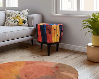 Colorful wood pattern pouf, Round piano bench, Livingroom furniture, Retro pouf stool, Functional stool, Kitchen chair, Cozy footrest