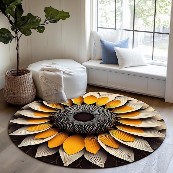 Sun flower print rug, Front porch rug, Round balcony rug, Bathroom mat, Washable rug, Anniversary rug, Surface rug, Mother's day gift