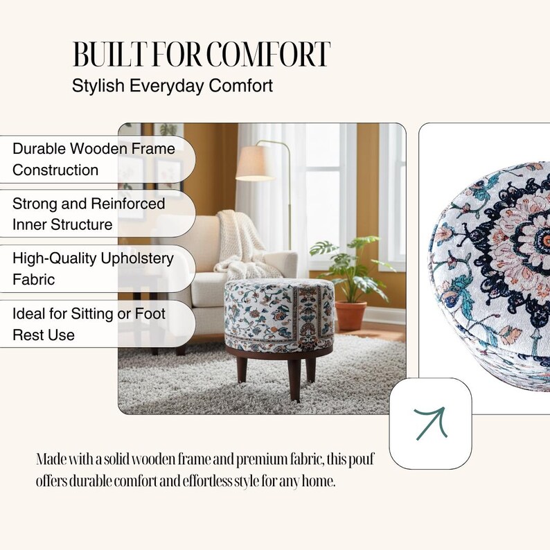 The image is a collage of two images. The collage features a wooden frame and a floral patterned ottoman, showcasing the stylish everyday comfort of the furniture.