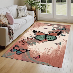 New style rug, Colorful artistic design rug, Butterfly pattern rug, Bedroom rug, Sustainable rug, Soft touch rug, Machine washable rug, 833