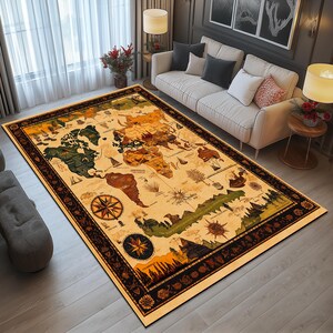 World map print rug, Gothic rug, Neutral rug, Eclectic rug, Washable rug, Non slip backside rug, Foyer rug, Rustic rug, Saloon rug, 185