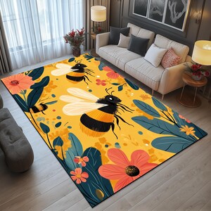 Bee design rug, Floral printed rug, Colorful area rug, Utility rug, Stain resistant rug, Foldable rug, Non slip backside rug, Cozy rug, 191