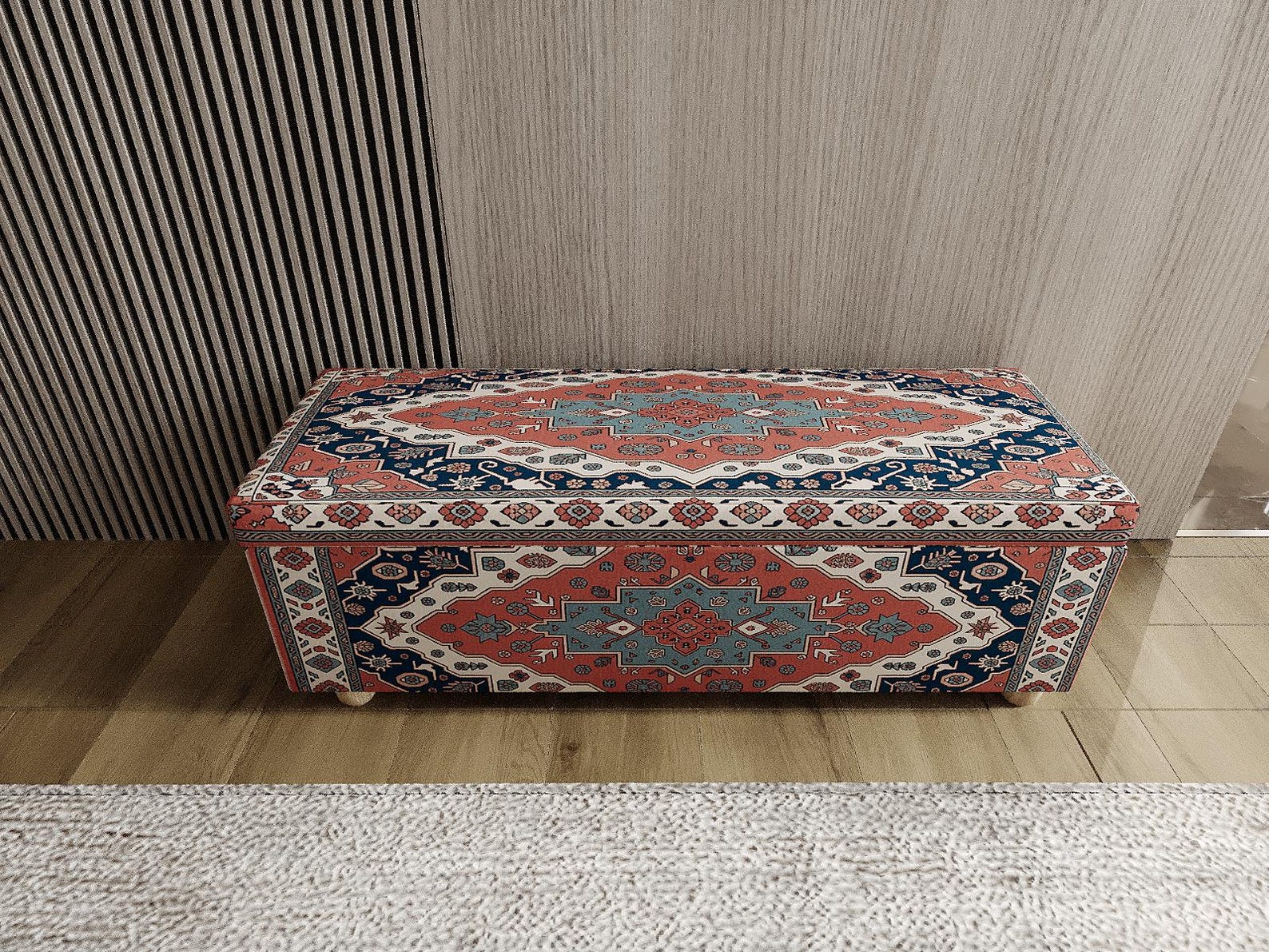 Coral Anatolian Style Blanket Storage Bench | Living Room Ottoman | 1165 - 18"D x 18"W x 18"H, Walnut Brown
