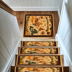 Tapis d'escalier design carte du monde, Tapis d'escalier antidérapant, Tapis d'escalier durables, Tapis d'escalier lavables en machine, Tapis d'escalier confortables, Tapis modernes, 185