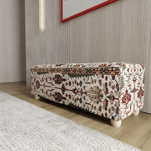 Cream Red Floral Trunk | End Of Bed Blanket Box | Botanical Accent Ottoman