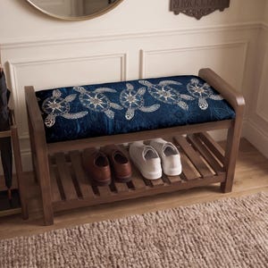 Deep Navy Sea Turtle Shoe Rack | Beach House Entryway Bench | Marine Foyer Stool
