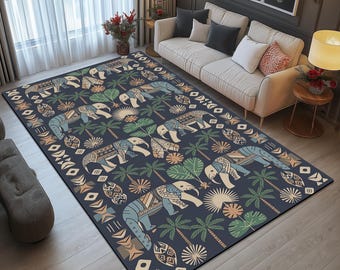 Elephant pattern rug, African animals art design rug, Unique rug, Rug for bedroom, Stylish floor cover rug, Durable rug, Soft carpet, 792