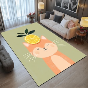 Lemon motif rug, Cat print rug, Sage green rug, Artistic rug, New home rug, Under bed rug, Washable rug, Synthetic back rug, Runner rug, 600