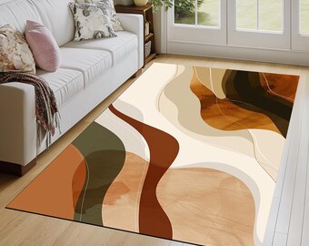 Terracotta Abstract Rug | Earth Tone Boho Washable Area Carpet