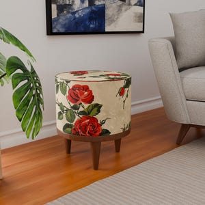 Bench with roses, Retro design pouf, Beige footstool, Versatile pouf, Ottoman footrest, Livingroom furniture, Bench support, Stylish stool