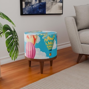 Air balloon print pouf, Multicolor bench, Comfortable seat, Textured upholstery, Gift for sister, Durable footstool, Ottoman furniture
