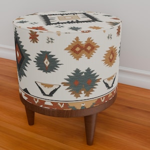 Light color bench, Kilim pattern pouf, Utility organizer, Ottoman side table, Round poufy bench, Make up chair, Handmade footstool