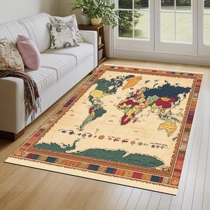 Weltkarte Teppich, Vintage-inspirierter Teppich, Komfort-Teppich, Maschinenwaschbarer Teppich, Wollteppich, Wohnzimmerteppich, Wollteppich, 169
