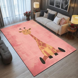 May include: A pink and brown area rug with a cartoon giraffe design. The giraffe is brown with a light brown pattern and is standing on its hind legs with its front legs raised.