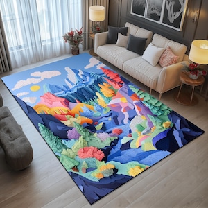 Modern printed rug, Cute color rug, Mountain design rug, Custom sizes rug, Stylish print rug, Non-slip backing rug, Easy to care rug, 25