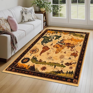 Alfombra con estampado de mapa del mundo, alfombra gótica, alfombra neutra, alfombra ecléctica, alfombra lavable, alfombra con parte trasera antideslizante, alfombra para vestíbulo, alfombra rústica, alfombra para salón, 185