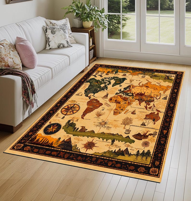 World map print rug, Gothic rug, Neutral rug, Eclectic rug, Washable rug, Non slip backside rug, Foyer rug, Rustic rug, Saloon rug, 185