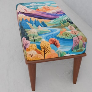 Banco con vista al río, Banco inspirado en la naturaleza, Banco portátil, Banco de mesa de cocina, Puf de dormitorio, Mesa auxiliar otomana, Patas de banco de madera, 27