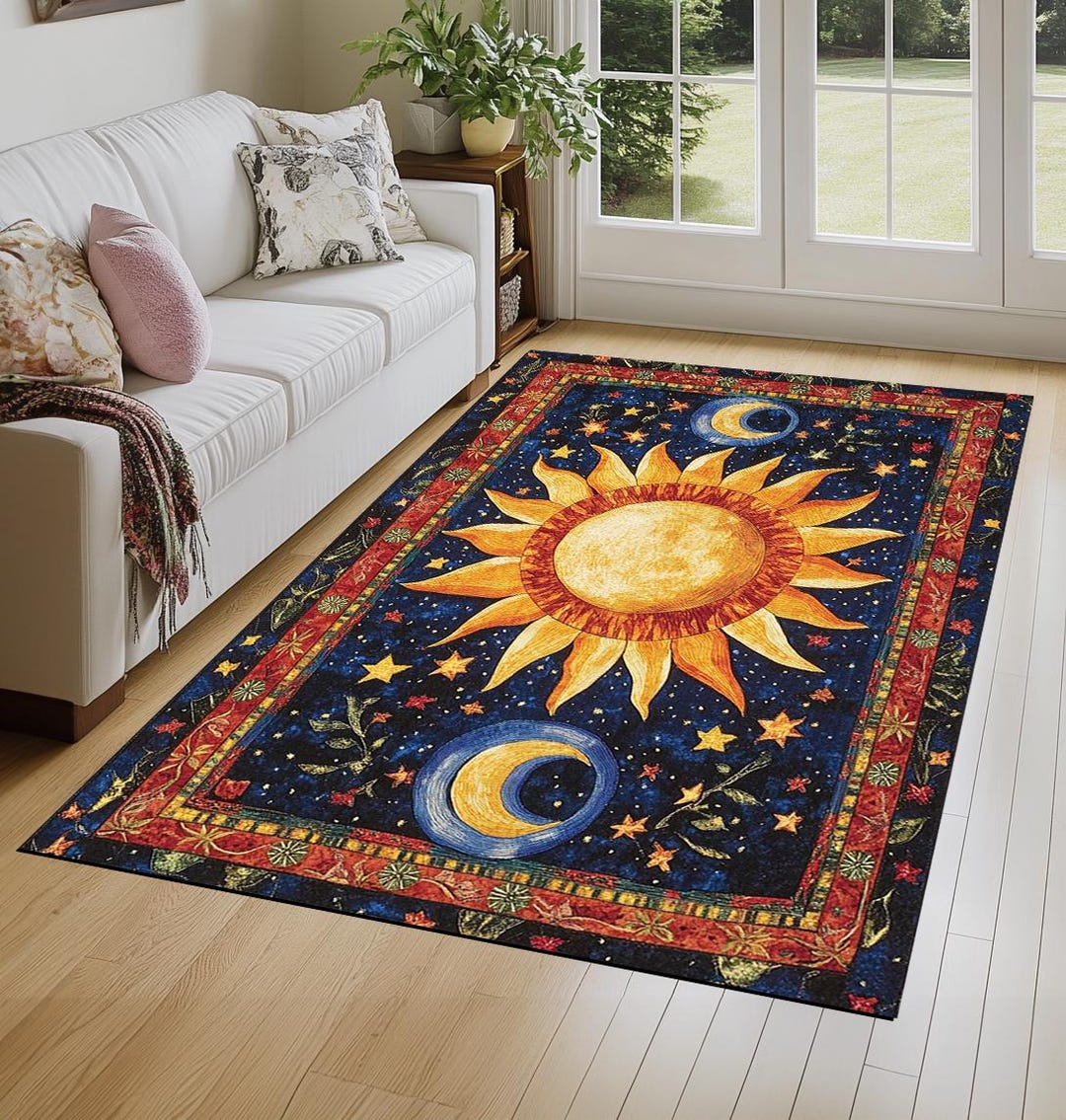 Sun Printed Rug, Decorative Living Room Rug, Low Pile Rug, Sun or Moon ...