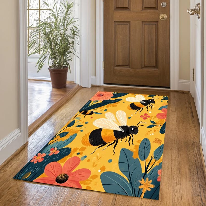 Bee design rug, Floral printed rug, Colorful area rug, Utility rug, Stain resistant rug, Foldable rug, Non slip backside rug, Cozy rug, 191