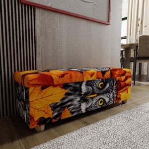 Orange Autumn Owl Storage Bench | Entryway Boot Chest | Rustic Cabin Decor Trunk