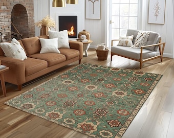 Sage Green Floral Area Rug, Non Slip Chenille Carpet, Farmhouse Washable Mat, 1021