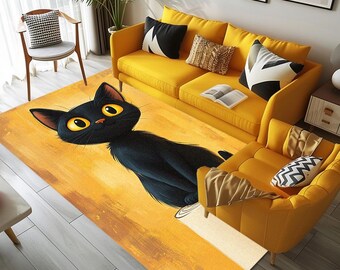 Black cat print rug, Rug for hallway, Nomadic rug, Medallion rug, Unique gift, Anti slip layering rug, Balcony rug, Washable rug, 135