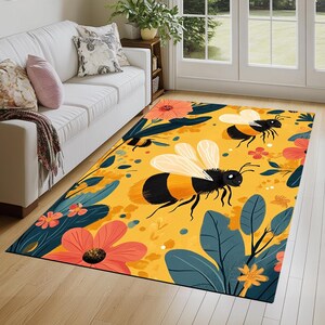 Bee design rug, Floral printed rug, Colorful area rug, Utility rug, Stain resistant rug, Foldable rug, Non slip backside rug, Cozy rug, 191