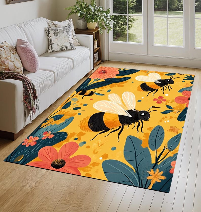 Bee design rug, Floral printed rug, Colorful area rug, Utility rug, Stain resistant rug, Foldable rug, Non slip backside rug, Cozy rug, 191