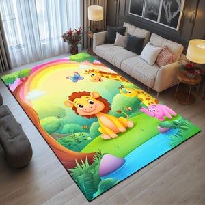 Forest print rug, Rug with wild animals, Rainbow rug, Summer rug, Washable rug, Non slip backside rug, Cute rug, Play room rug, 145
