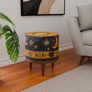 Face figured bench, Victorian style pouf, Navy blue stool, Utility footstool, Handmade pouf stool, Retro footrest, Wooden round bench