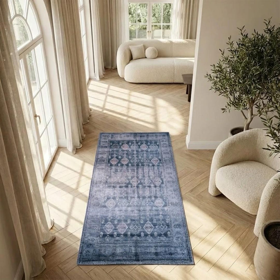 Brown Blue Printed Rug, Farmhouse Home Decor, Non Slip Washable Area ...