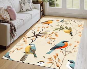 Bird Print Washable Rug, Non Slip Kitchen Mat, Stain Resistant Chenille Area Rug for Living Room, Eco Friendly Home Decor