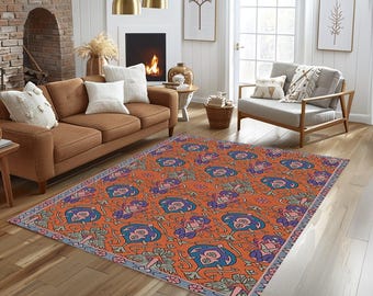 Tapis à fleurs bleu orange, tapis lavable bohème, tapis antidérapant botanique coloré, 961