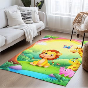 Forest print rug, Rug with wild animals, Rainbow rug, Summer rug, Washable rug, Non slip backside rug, Cute rug, Play room rug, 145