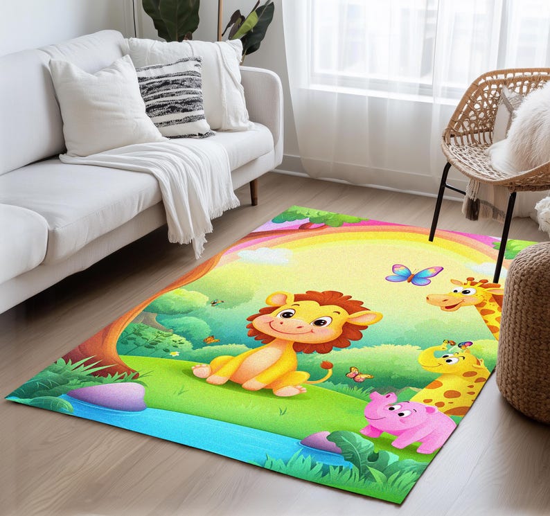 Forest print rug, Rug with wild animals, Rainbow rug, Summer rug, Washable rug, Non slip backside rug, Cute rug, Play room rug, 145