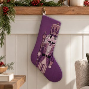 Plum Violet Nutcracker Holiday Stocking | Double Sided Christmas Mantel Decor