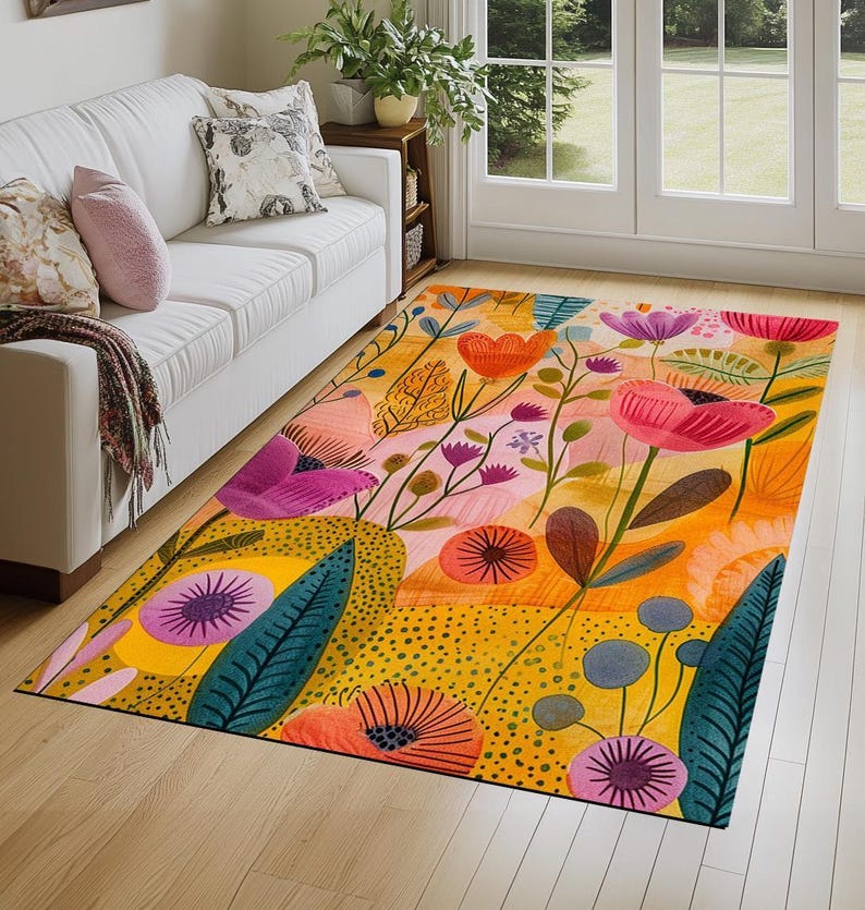 Floral design rug, Living room rug, Colorful printed rug, Machine washable rugs, Anti slip rug, Housewarming gifts, Utility rugs, 219