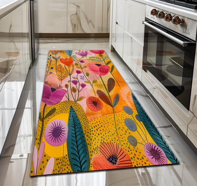 Floral design rug, Living room rug, Colorful printed rug, Machine washable rugs, Anti slip rug, Housewarming gifts, Utility rugs, 219