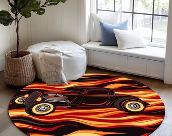 Super vehicle print rug, Fire design rug, Round modern rug, Elegance rug, Soft rug, Non-slip rug, Bedroom rug, Play room rug, Stylish rug