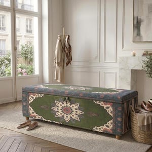 Pastel Floral Wood Bed End Trunk | Pastel Upholstered Storage Bench