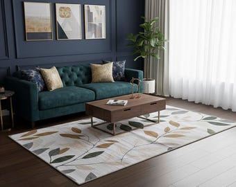Leaf design rug, Neutral tone rug, Modern area rug, Sustainable rug, Washable rug, Stain resistant rug, Low pile rug, Non-slip rug, 83