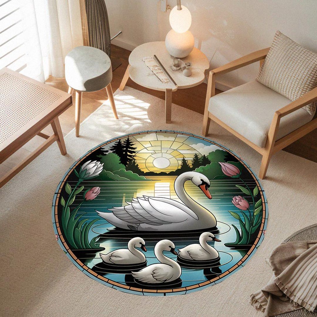 Water Rug Round Nature-themed Area Rug - Swan and Water Rug - Geometric Design Round ...