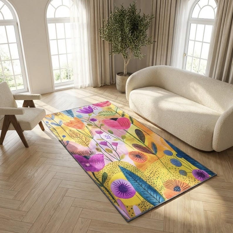 Floral design rug, Living room rug, Colorful printed rug, Machine washable rugs, Anti slip rug, Housewarming gifts, Utility rugs, 219